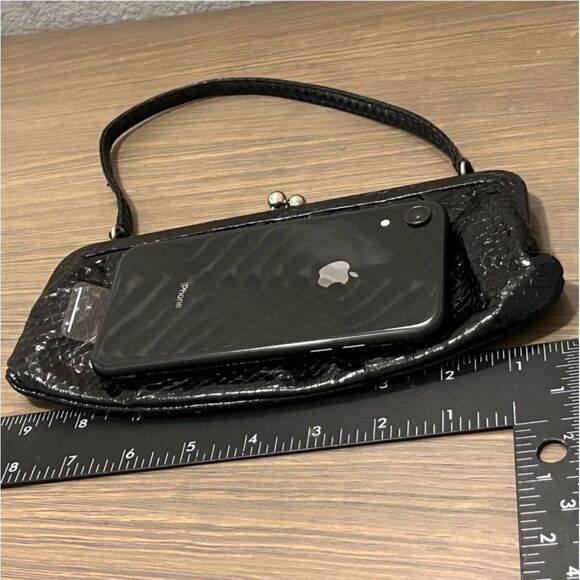 Vintage 90s Y2k Bebe Black Snakeskin Leather Small Evening Handbag Clutch Party - Picture 8 of 13
